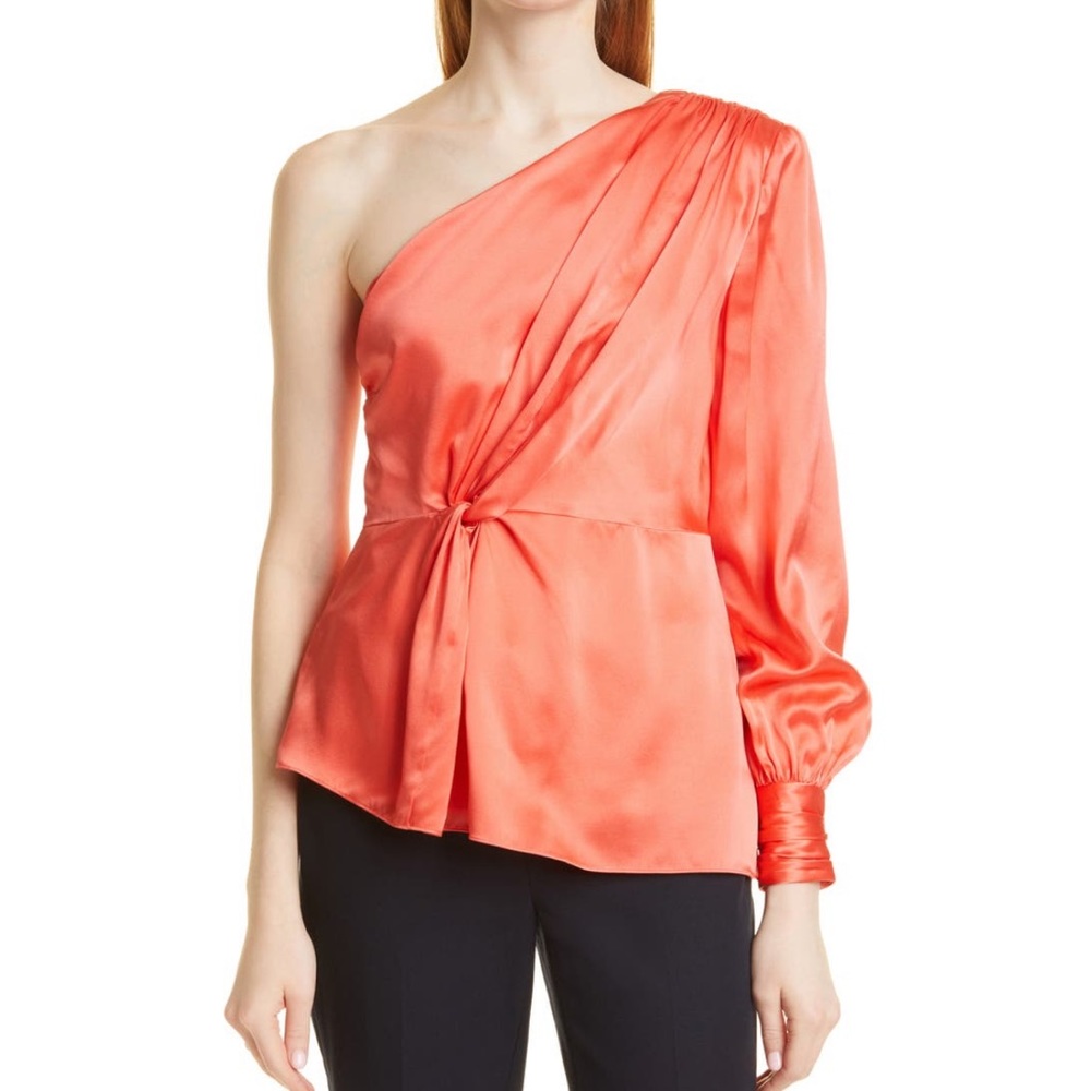 NWTS Cinq a Sept 100% Silk Stace One Shoulder Top in Neon Coral. Size small.